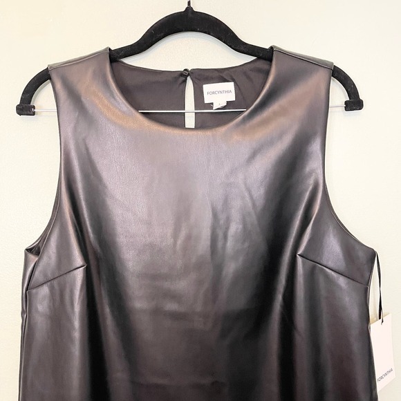 For Cynthia Black Vegan Leather Feathers Sleeveless Shift Mini Dress Large NWT - Picture 9 of 9